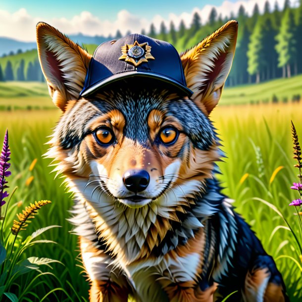 Pic of a jackal in a cap in the meadow