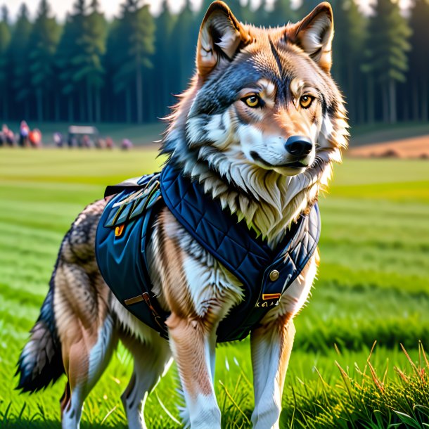 Imagem de um lobo em um colete no campo