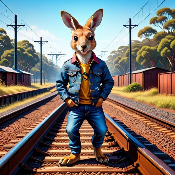 Ilustración de un canguro en jeans en las vías del ferrocarril