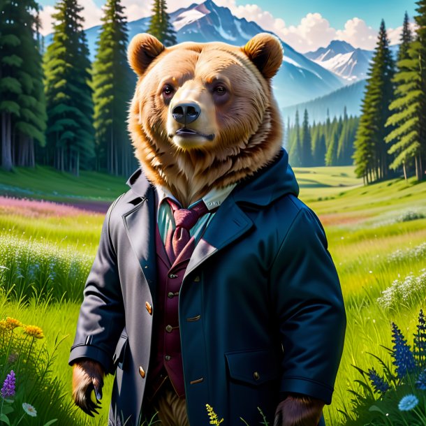 Photo of a bear in a coat in the meadow