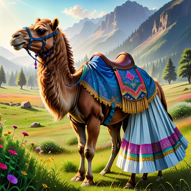 Drawing of a camel in a skirt in the meadow