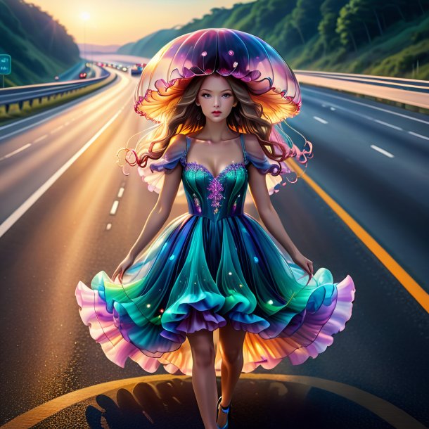 Ilustración de una medusa en un vestido en la carretera