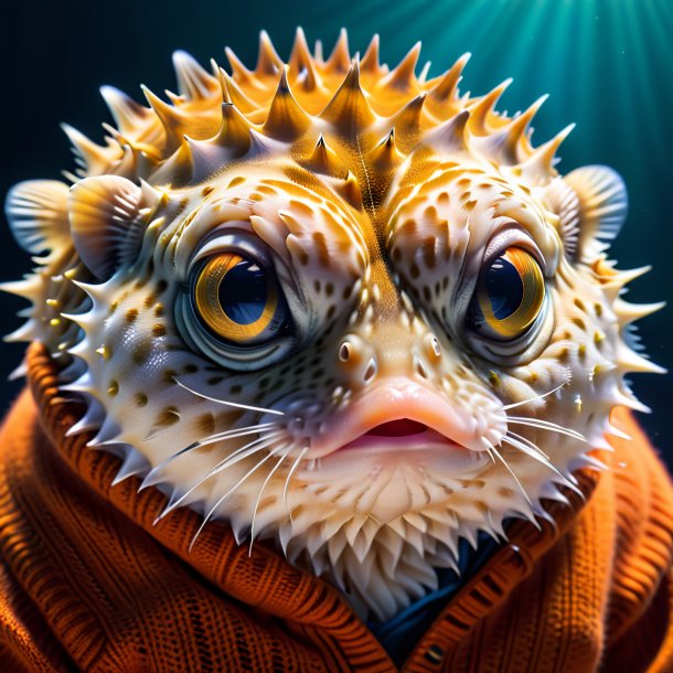 Photo of a pufferfish in a orange sweater