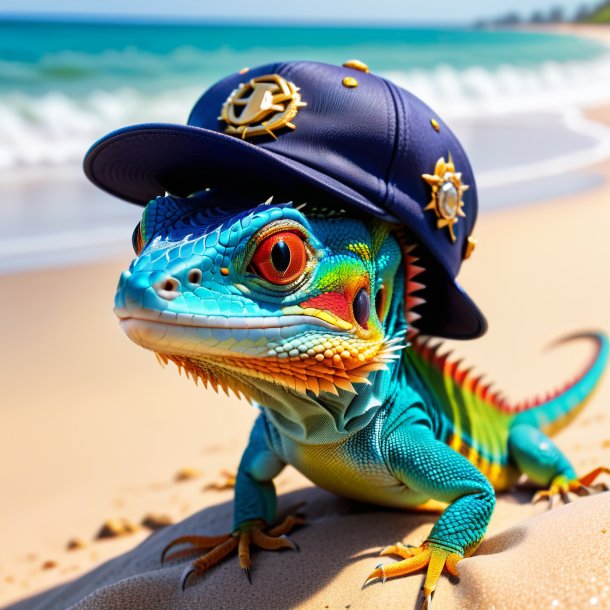 Imagem de um lagarto em um boné na praia