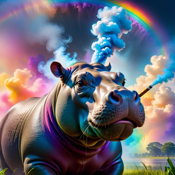 Pic d'une cigarette d'un hippopotame sur l'arc-en-ciel