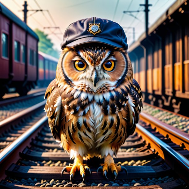 Pic of a owl in a cap on the railway tracks