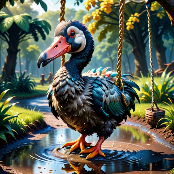 Image of a swinging on a swing of a dodo in the puddle