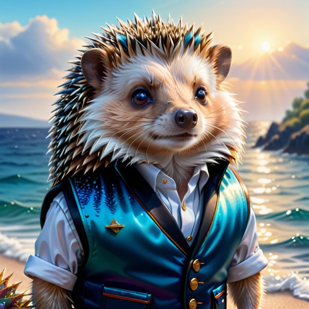 Drawing of a hedgehog in a vest in the sea