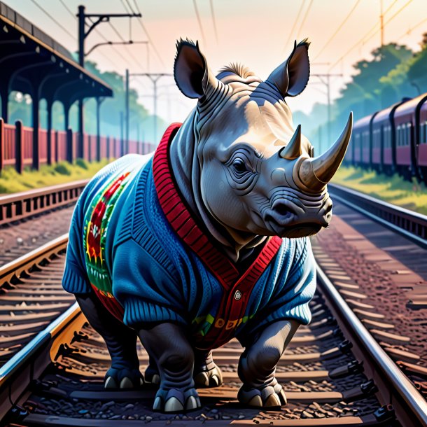 Illustration of a rhinoceros in a sweater on the railway tracks