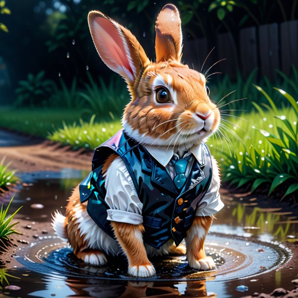 Illustration of a rabbit in a vest in the puddle