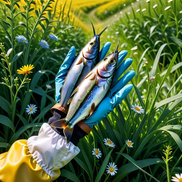 Foto de uma sardinha em uma luvas no prado