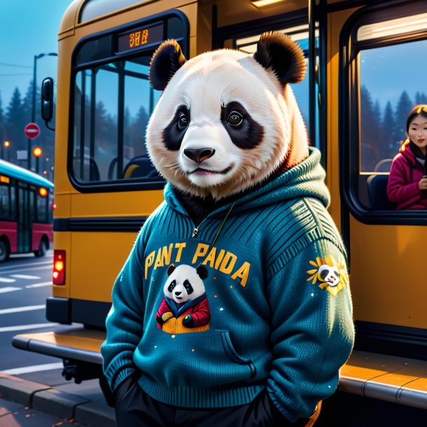 Illustration of a giant panda in a sweater on the bus stop