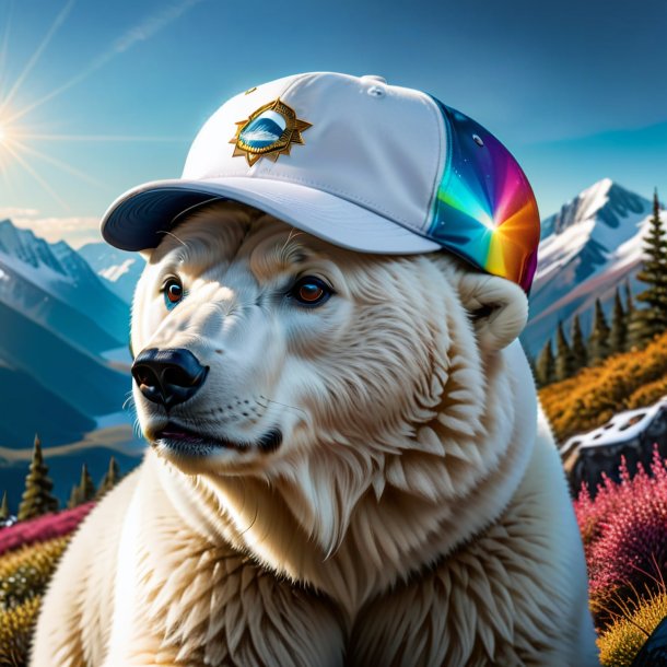 Image of a polar bear in a cap in the mountains