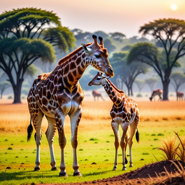 Photo of a drinking of a giraffe on the field