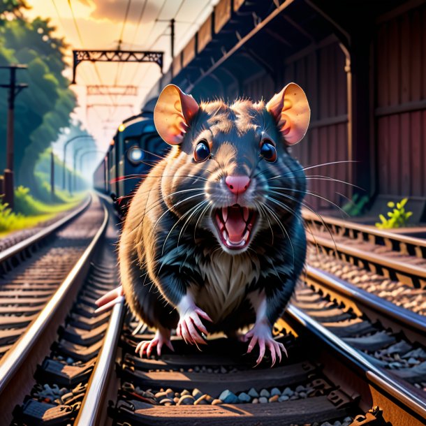 Foto de una amenaza de una rata en las vías del tren