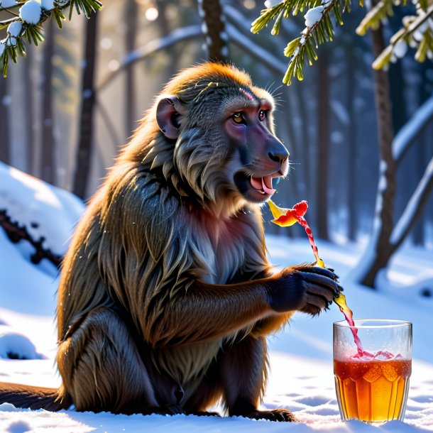 Foto de una bebida de un babuino en la nieve