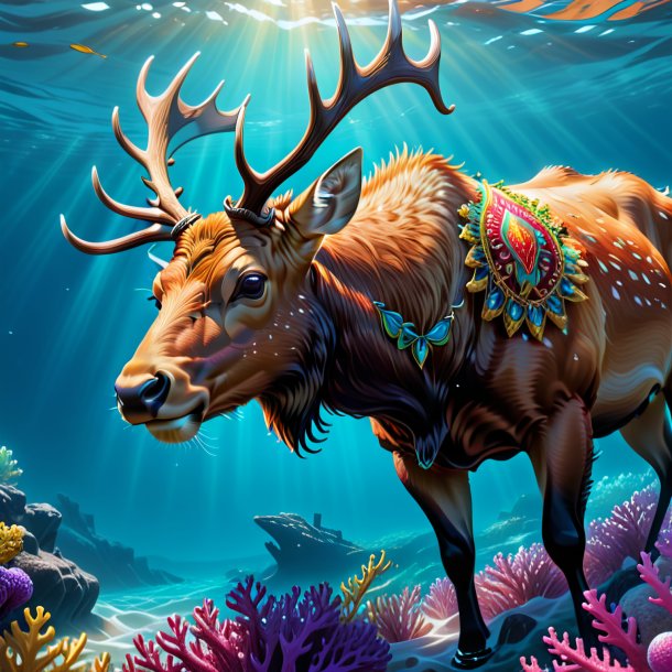 Dessin d'un wapiti dans un gants dans la mer