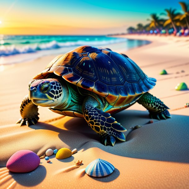 Image of a turtle in a shoes on the beach