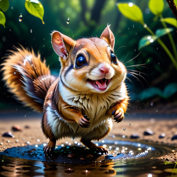 Picture of a smiling of a flying squirrel in the puddle