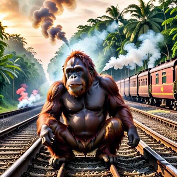 Imagen de un fumar de un orangután en las vías del ferrocarril