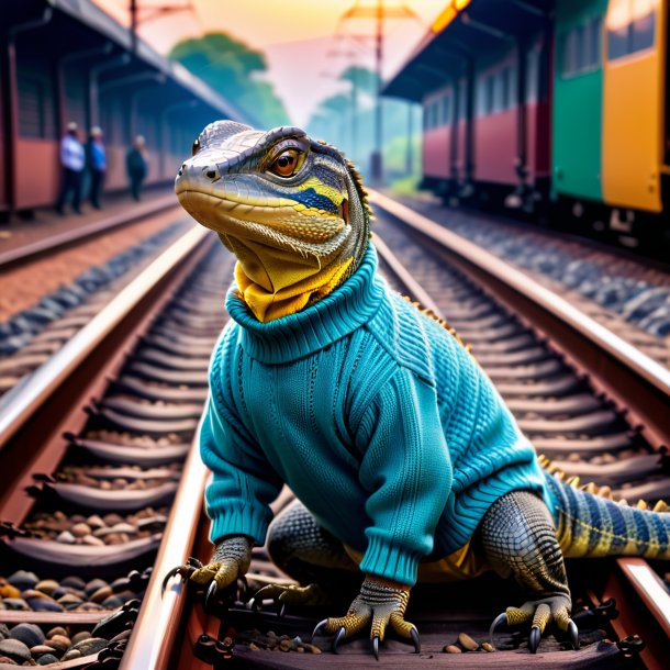 Picture of a monitor lizard in a sweater on the railway tracks