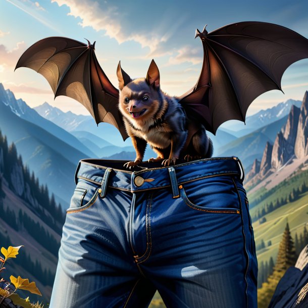 Drawing of a bat in a jeans in the mountains