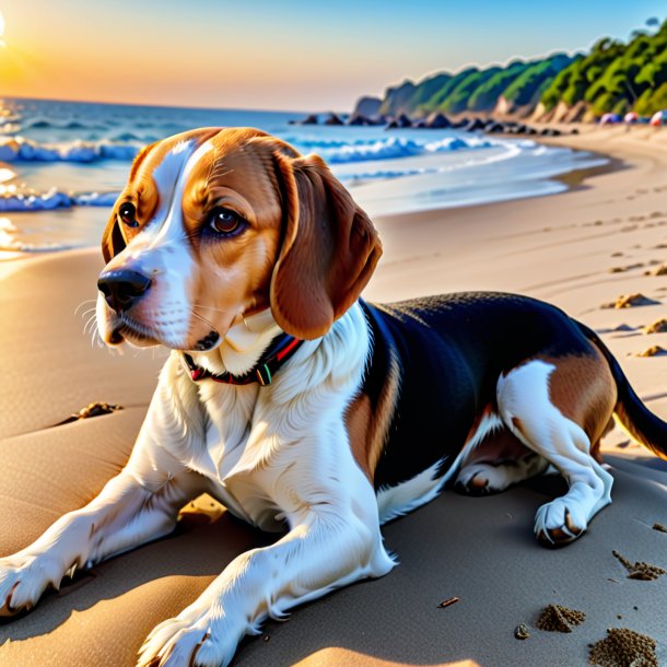 Foto de un descanso de un beagle en la playa