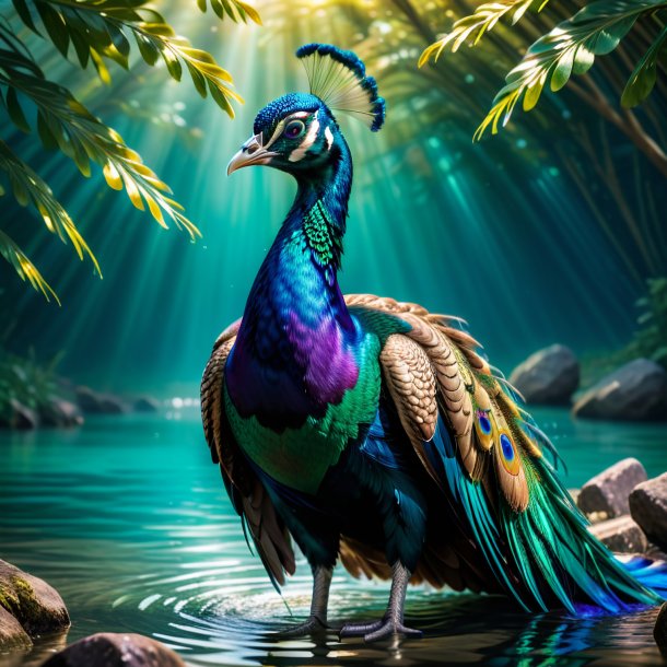 Foto de un pavo real en un abrigo en el agua