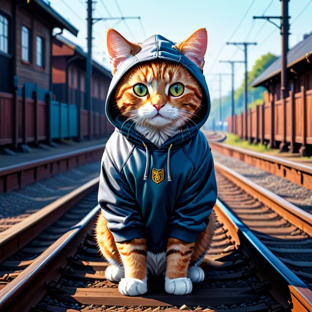 Ilustración de un gato en una sudadera con capucha en las vías del ferrocarril