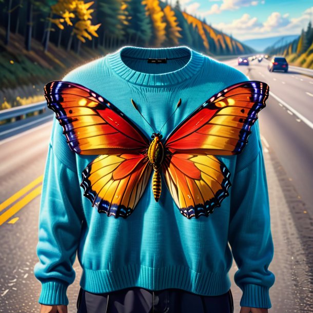 Drawing of a butterfly in a sweater on the highway