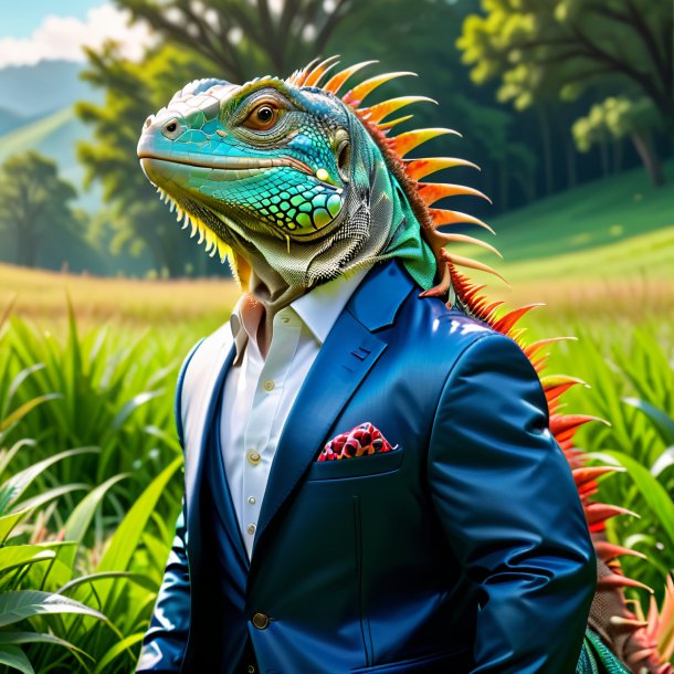 Pic of a iguana in a jacket in the meadow