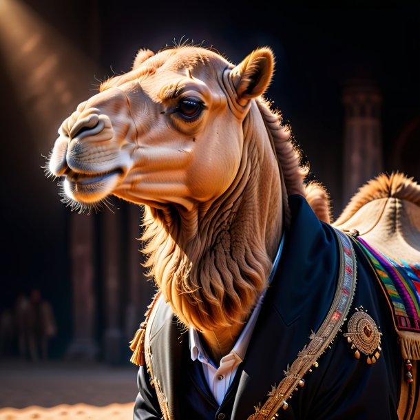 Photo of a camel in a black jacket