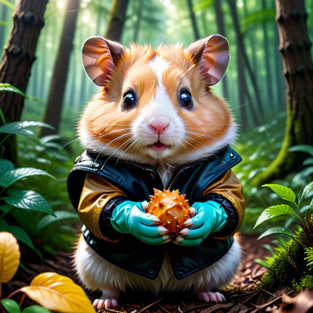 Foto de um hamster em luvas na floresta