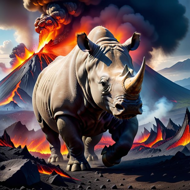 Photo of a threatening of a rhinoceros in the volcano