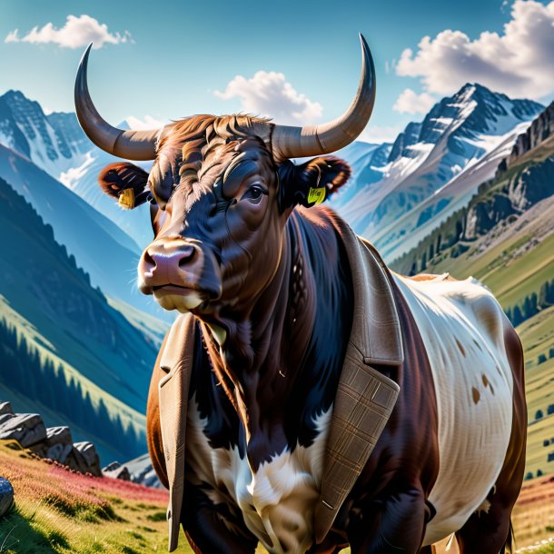 Photo of a bull in a coat in the mountains