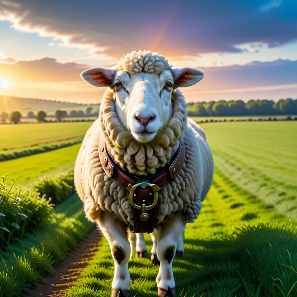 Pic of a sheep in a belt on the field