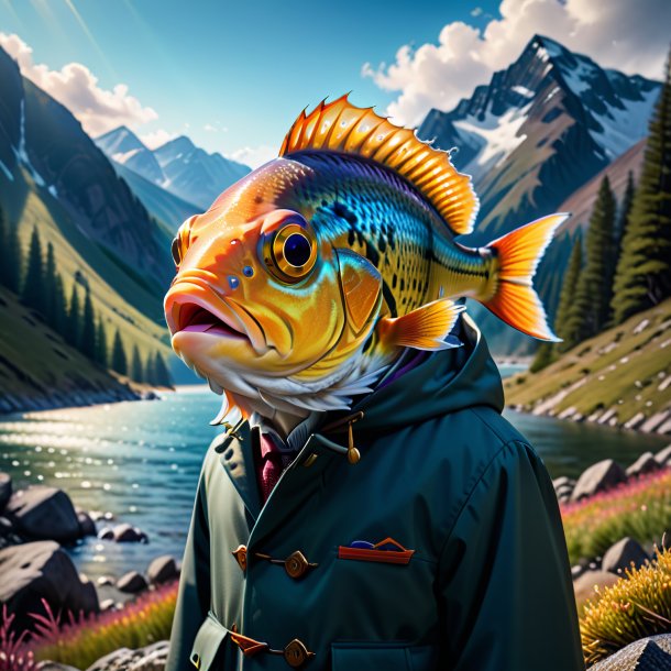 Picture of a fish in a coat in the mountains