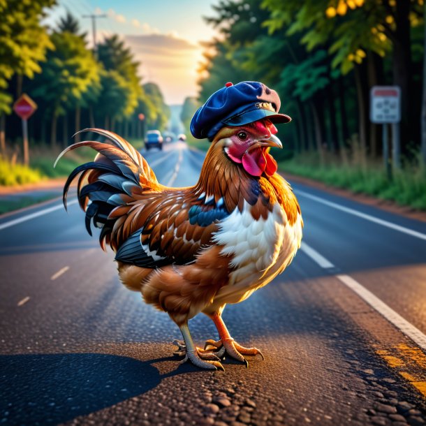 Pic of a hen in a cap on the road