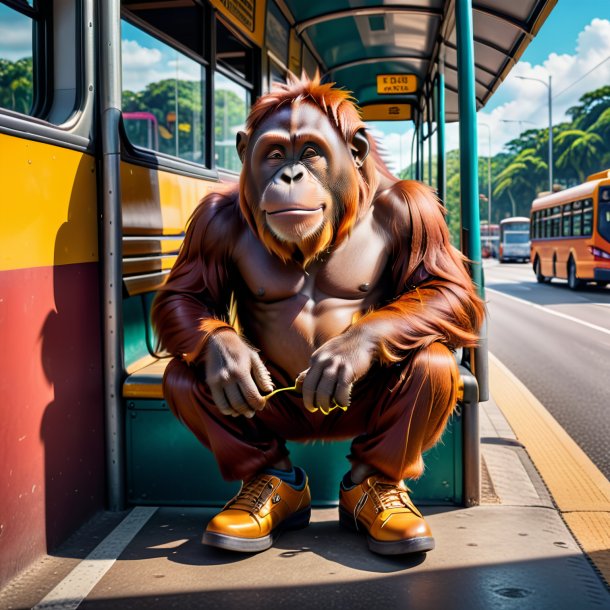 Picture of a orangutan in a shoes on the bus stop