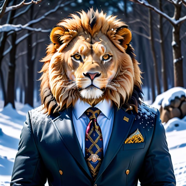 Image of a lion in a jacket in the snow