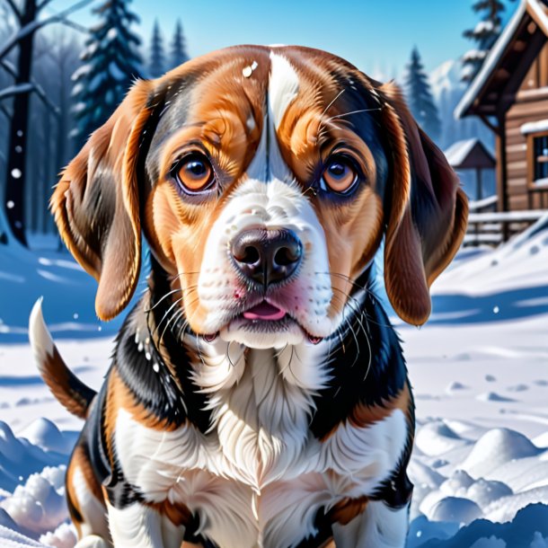 Picture of a crying of a beagle in the snow