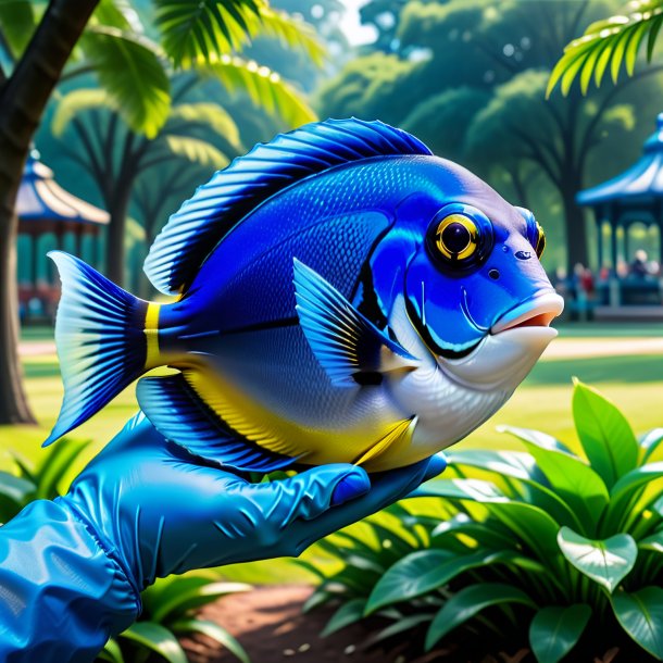 Imagem de um tang azul em uma luvas no parque