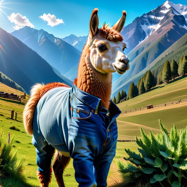 Photo of a llama in a jeans in the mountains