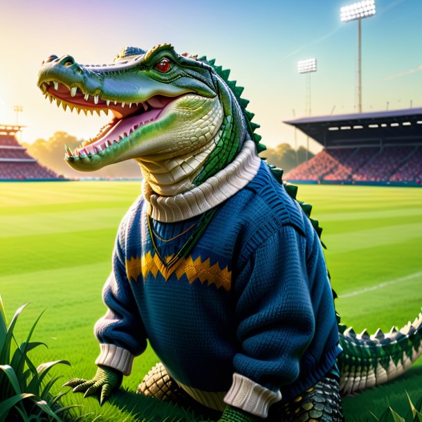 Drawing of a crocodile in a sweater on the field