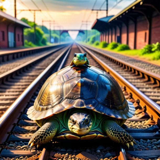 Pic of a turtle in a skirt on the railway tracks