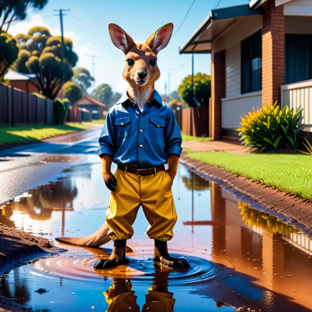 Picture of a kangaroo in a trousers in the puddle