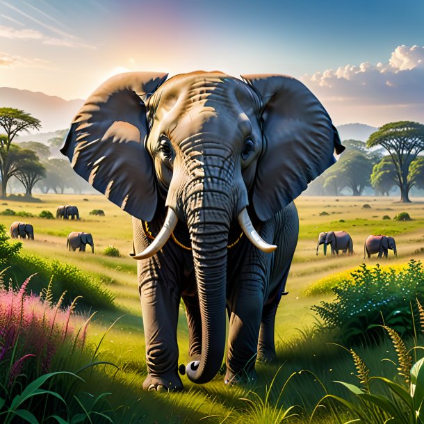 Image of a elephant in a belt in the meadow