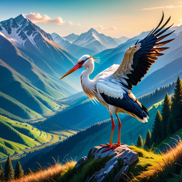 Photo of a stork in a cap in the mountains