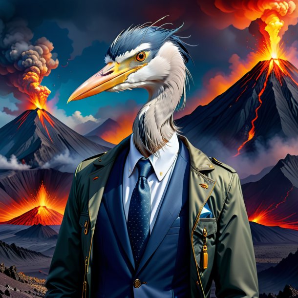 Illustration of a heron in a jacket in the volcano