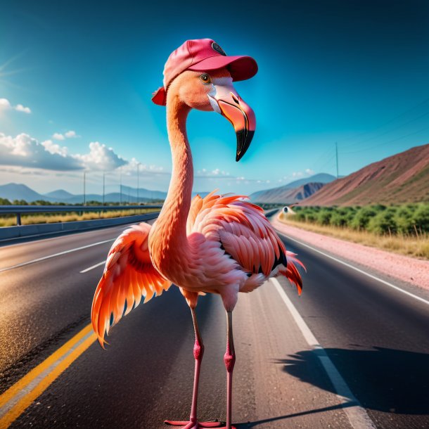 Foto de um flamingo em um boné na rodovia